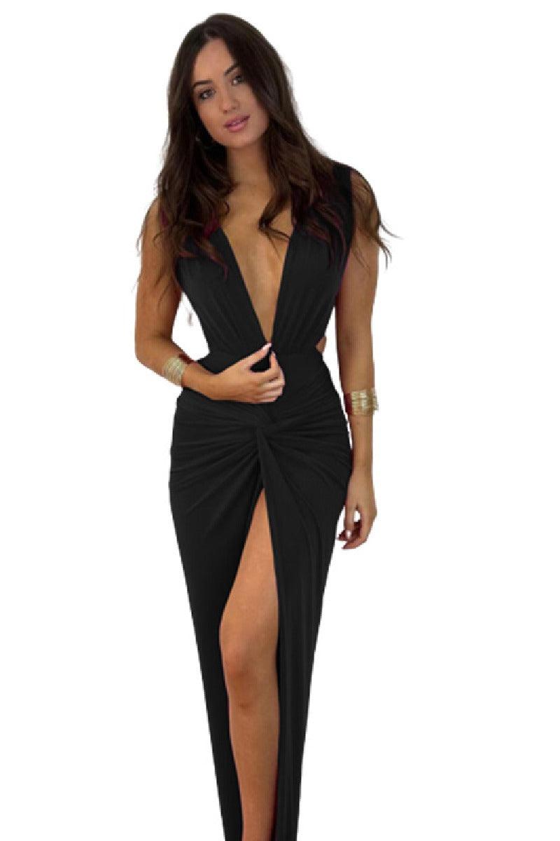 Stylish backless sexy V-neck long leg slit cocktail dress 700741797110 - COCOMELODY