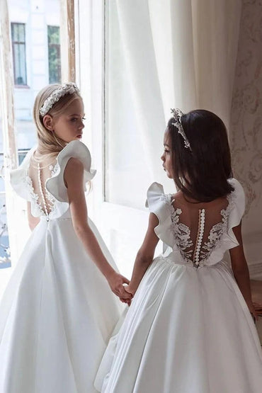 Classic Flutter Cap Sleeve Plain Satin Flower Girl Dresses 937002922707 - 15 Days / White-Floor Length / 2 - COCOMELODY