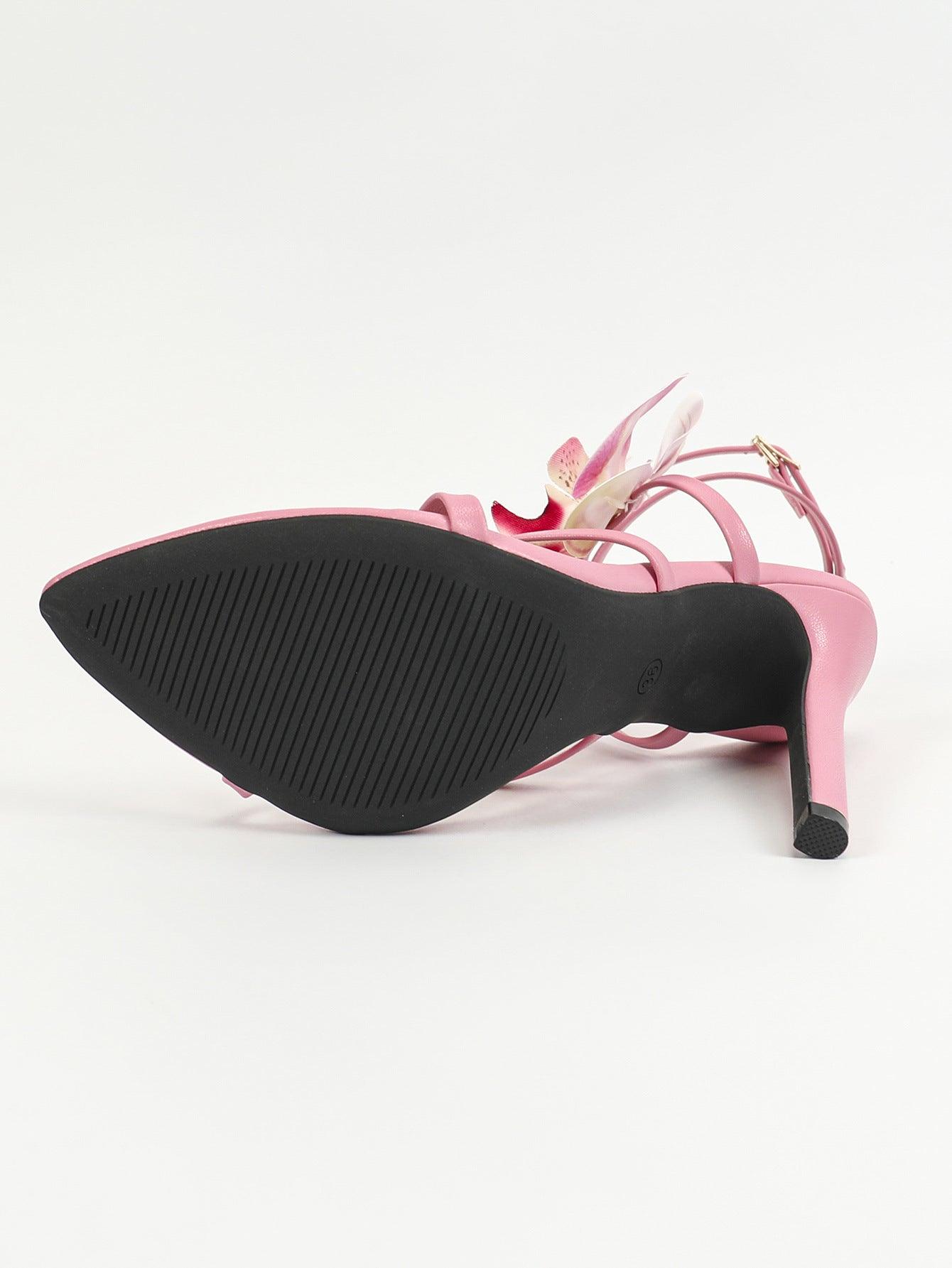 3D Flowers Cross Pointy Stiletto heel Sandals 816638213348 - COCOMELODY