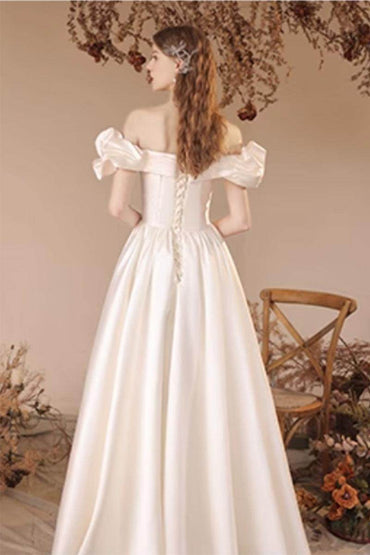 A-Line Floor Length Satin Wedding Dress 708336222057 - COCOMELODY