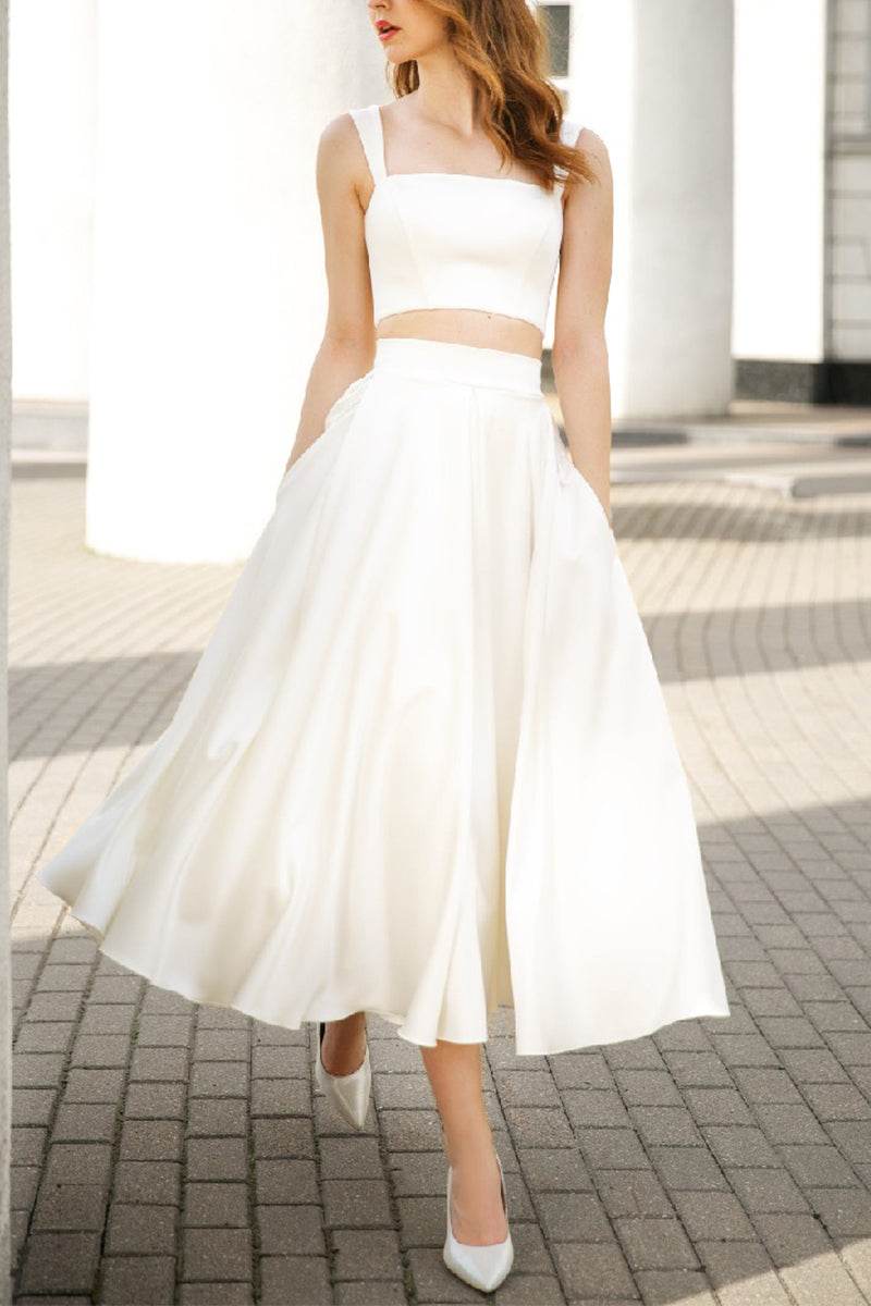 A-Line Tea Length Satin Little White Dress 100062 - COCOMELODY