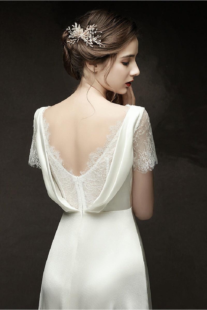 A-Line Sweep-Brush Train Satin Wedding Dress 687832654102 - COCOMELODY
