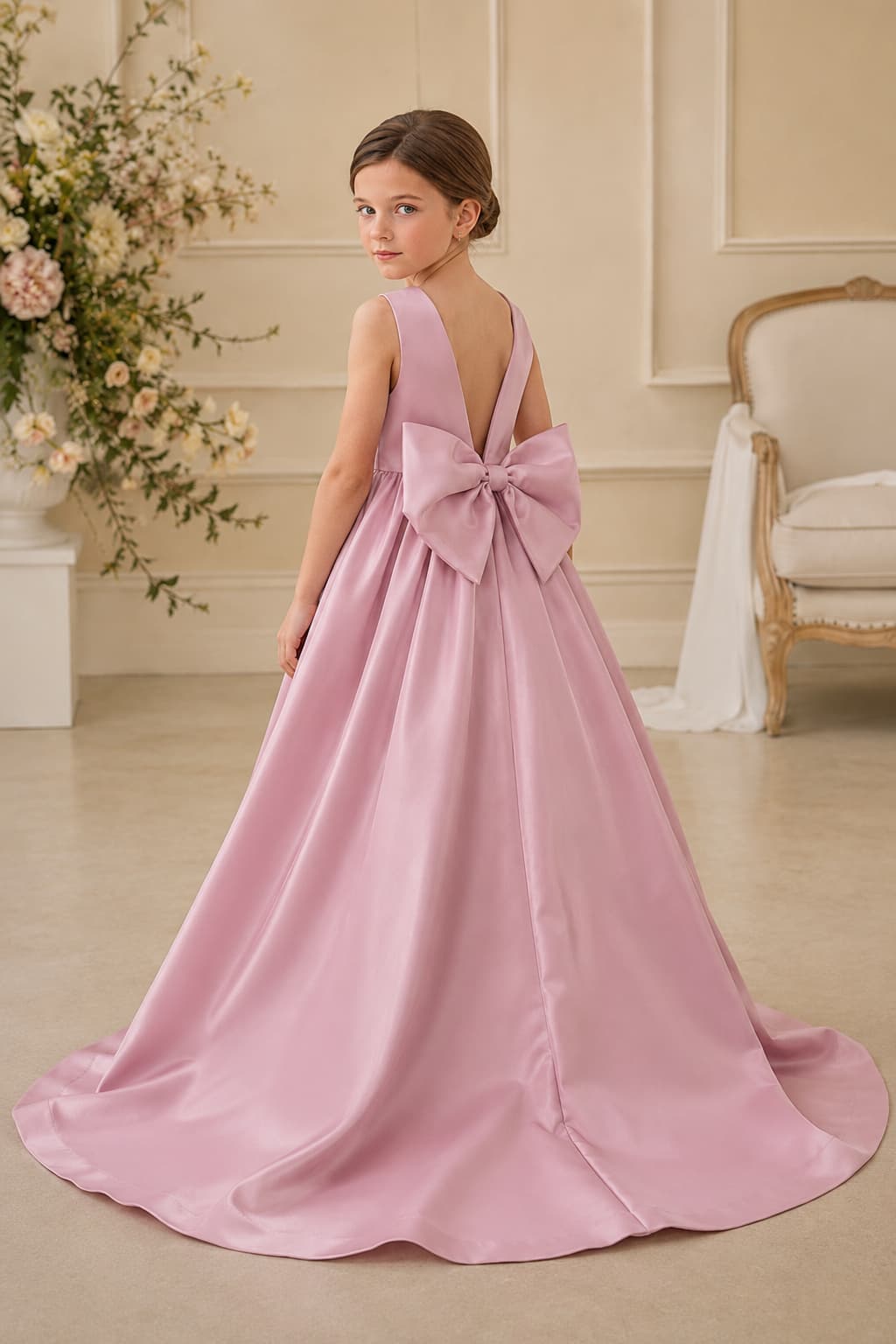 Elegant Satin V-Back Bow Sweep-Brush Train Flower Girl Dresses 985833041393