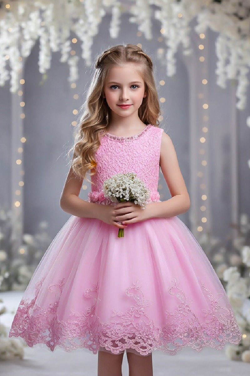A-Line Round Neck Sleeveless Lace Short Tulle Knee Length Flower Girl Dresses 1029768430343