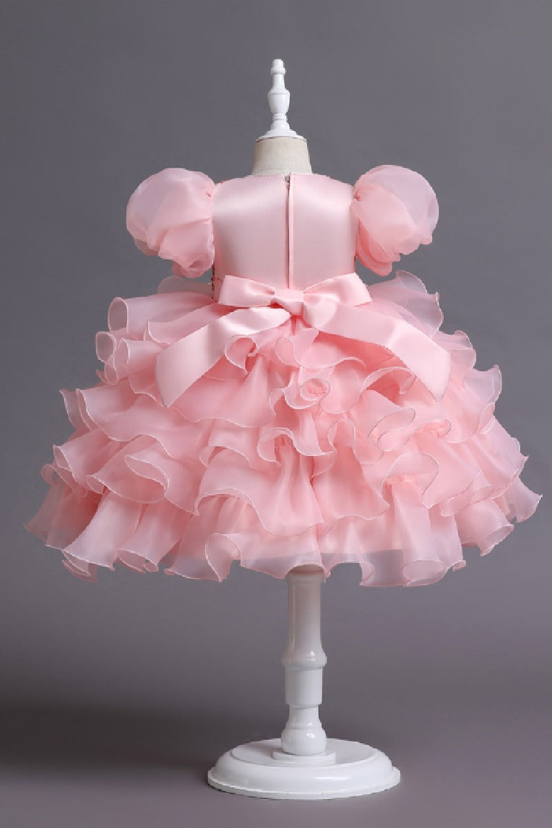 Princess Round Neck Puff Sleeve Sequin Ruffled Organza Knee Length Flower Girl Dresses 1029252510739