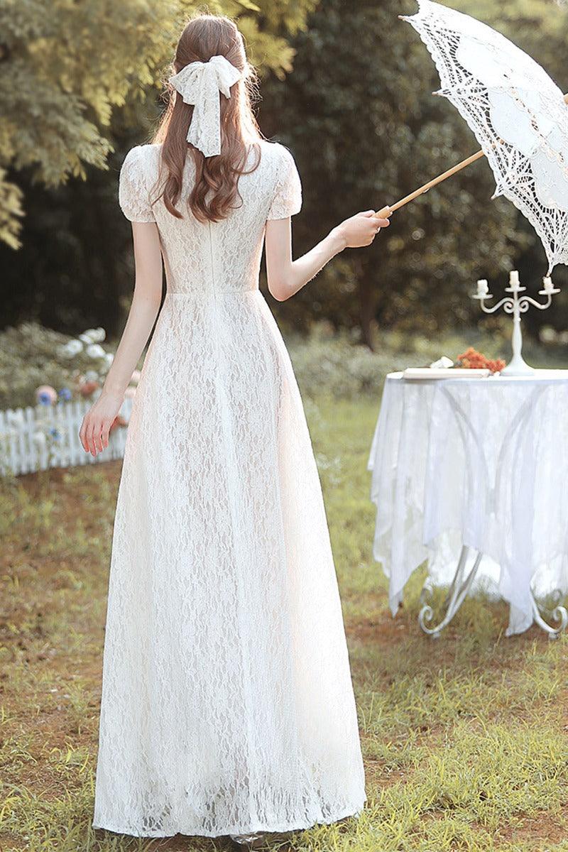 A-Line Floor Length Lace Wedding Dress 660344408093 - COCOMELODY