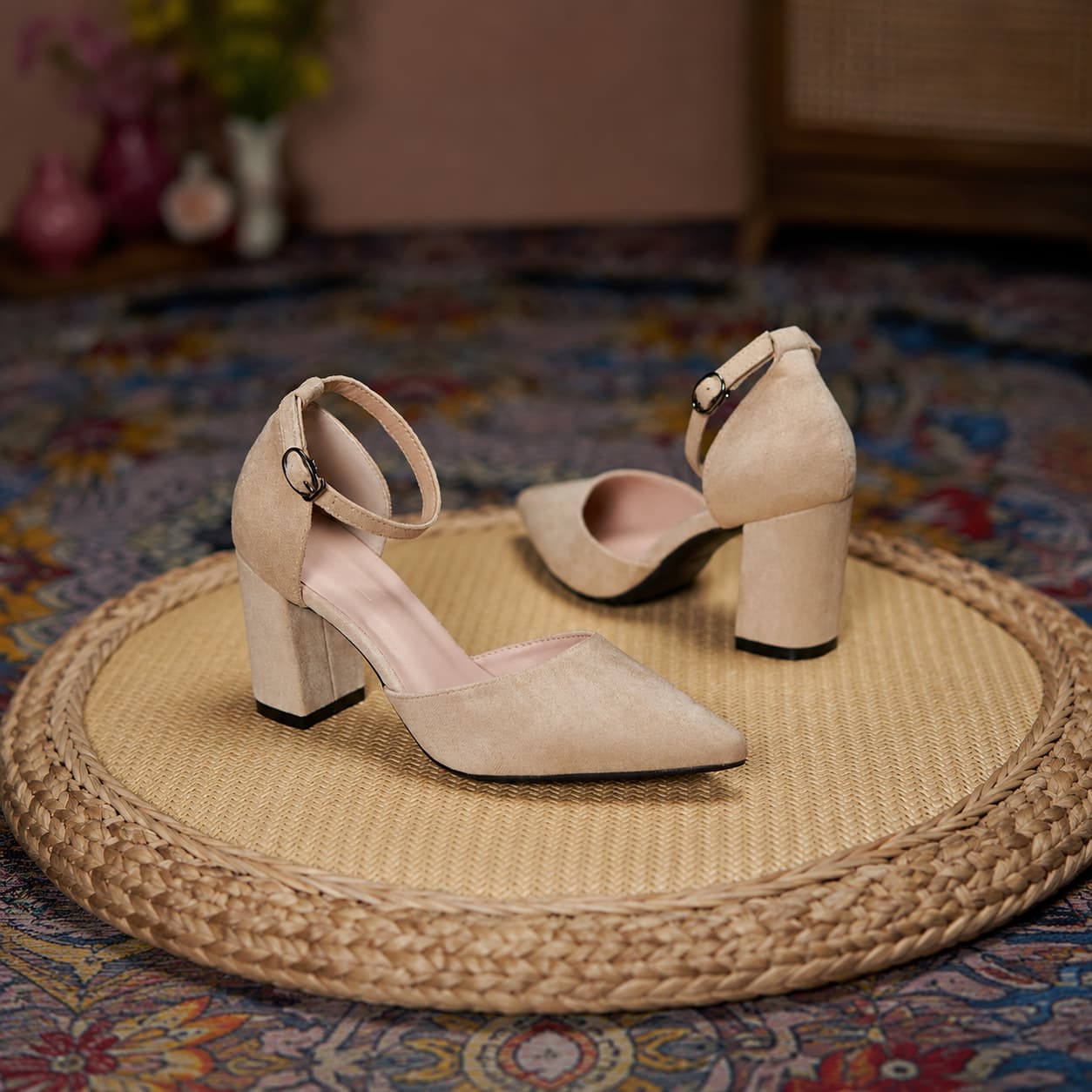Suede Pointed Toe Block Heel Pumps Ankle Strap Elegant Shoes 695304002209