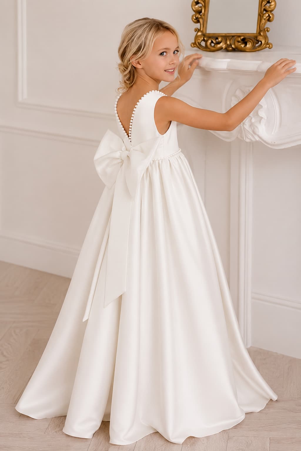Satin Pearl Trim Deep V-Back Bow Floor Length Flower Girl Dresses 912220986900