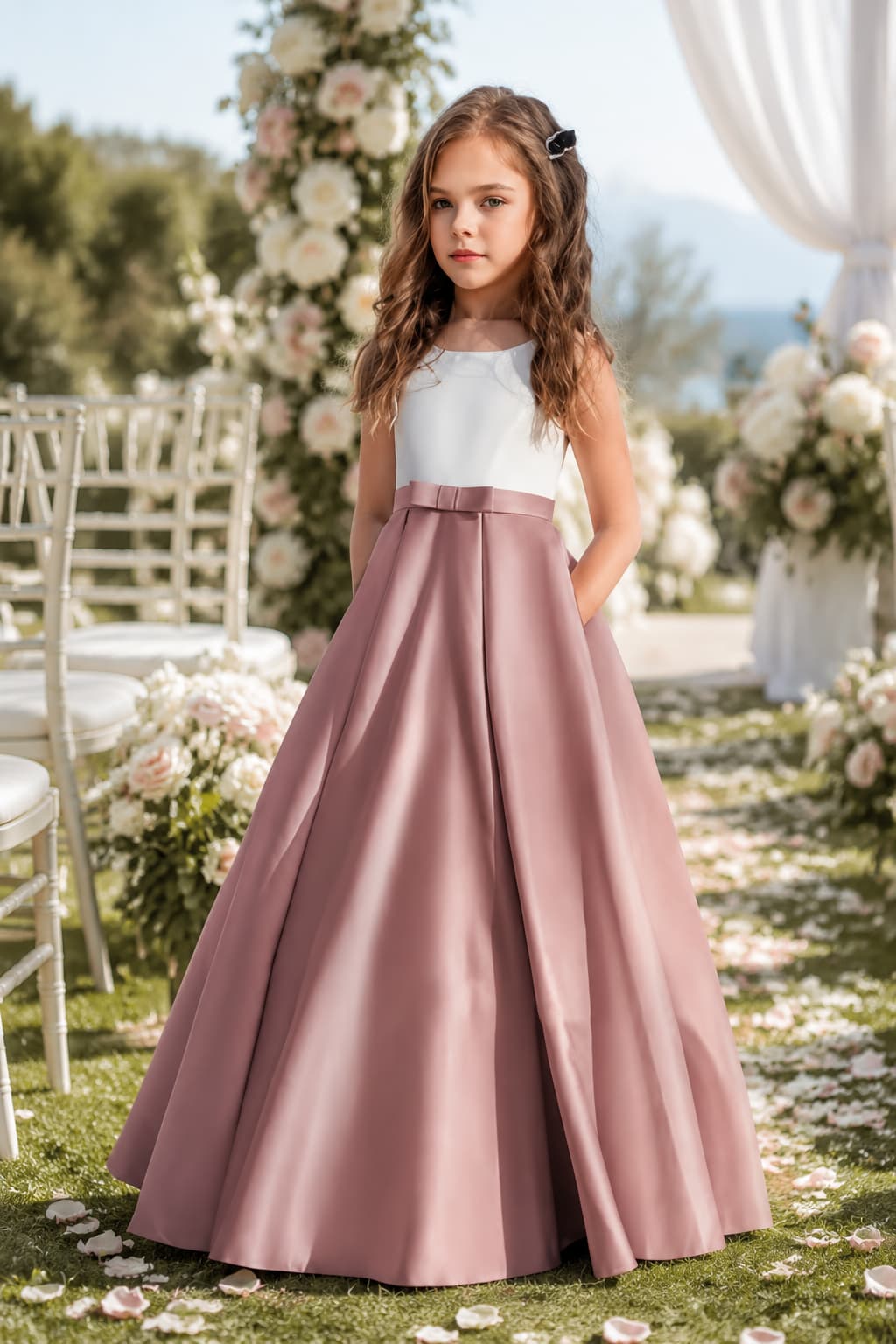 Flower Girl Dresses Satin V-Back Bow Straps Floor Length Wedding Gown 1058875849330