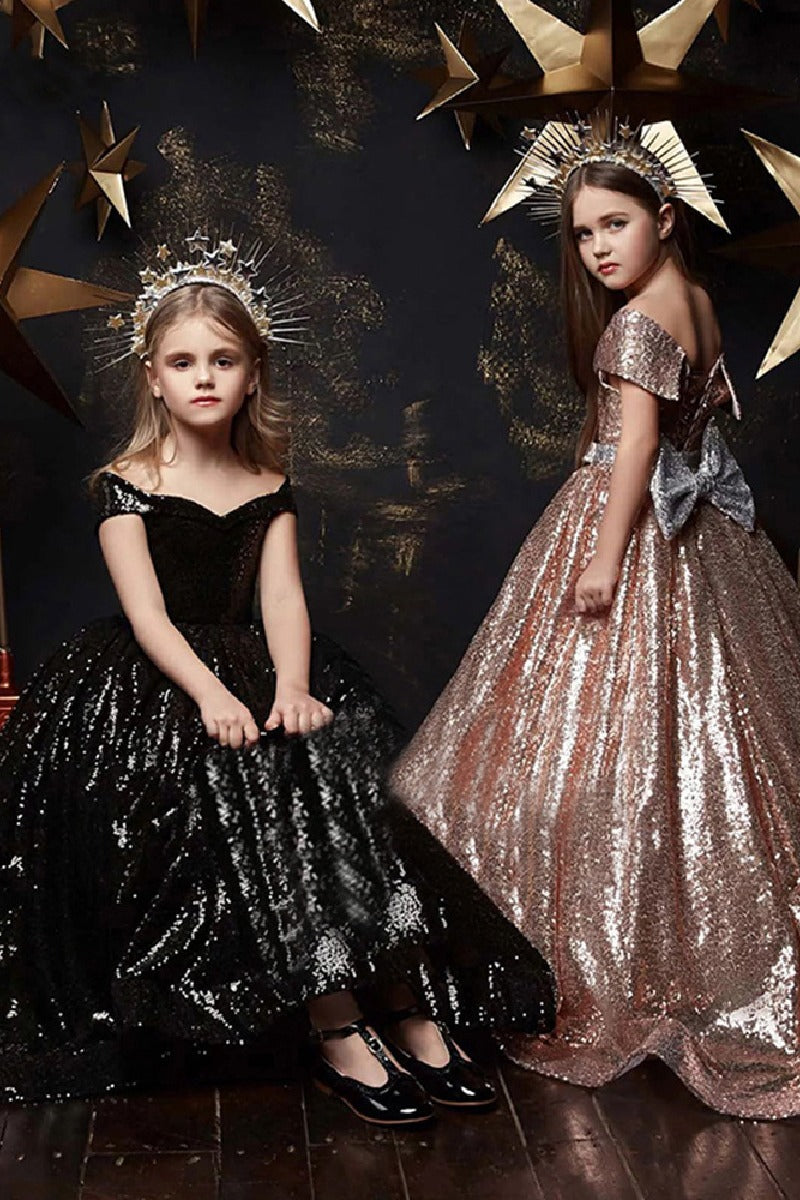 Ball Gown Off The Shoulder Ombre Sequin Floor Length Bow Flower Girl Dresses 617535045936