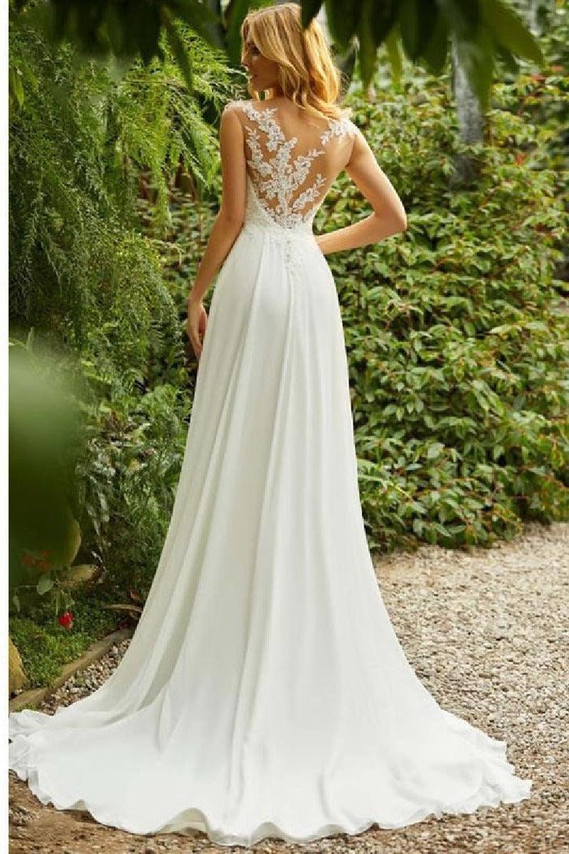A-Line Sweep-Brush Train Lace Chiffon Wedding Dress 731359582005 - COCOMELODY