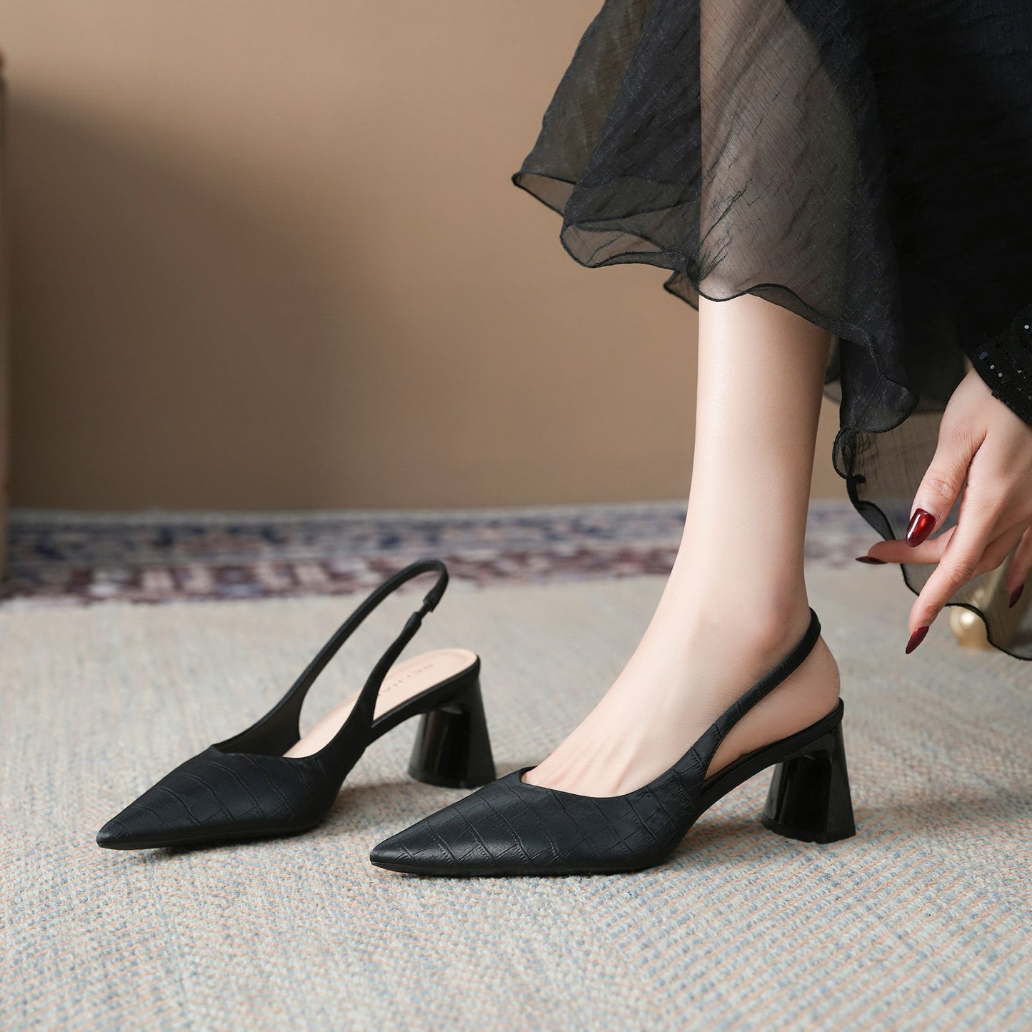 Croc Embossed Pointed Toe Slingback Pumps Block Heel Shoes 1039842418241