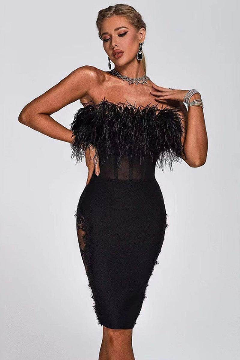 Bodice feather lace cutout mesh sheath hip bandage cocktail dress 738287275067 - COCOMELODY