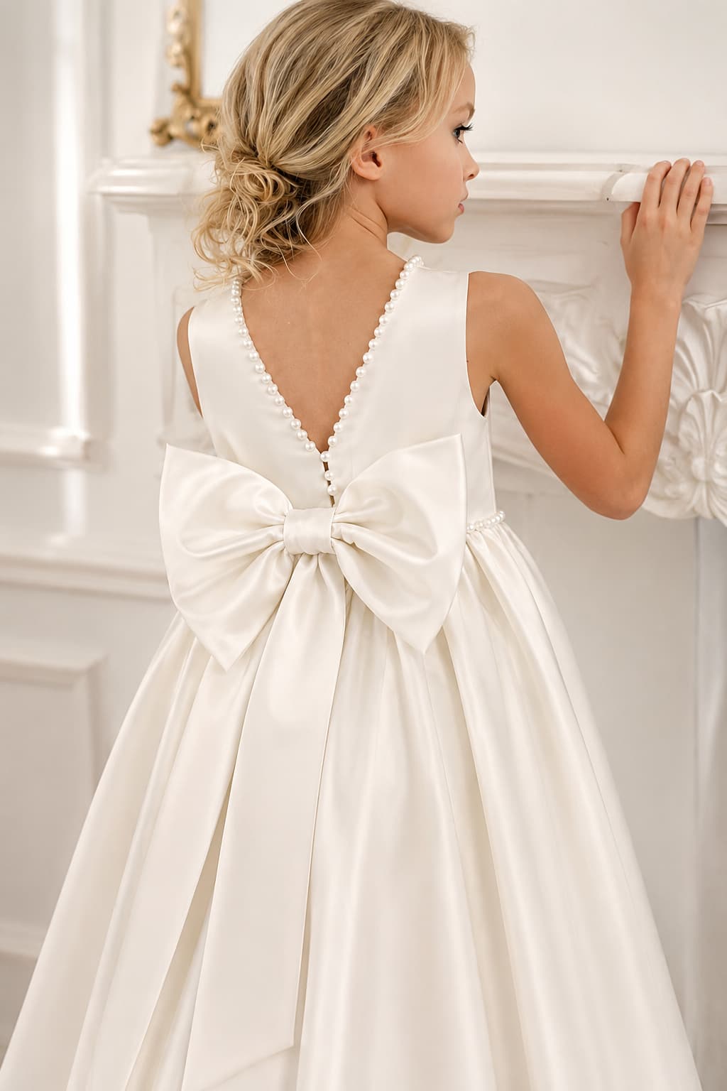 Satin Pearl Trim Deep V-Back Bow Floor Length Flower Girl Dresses 912220986900