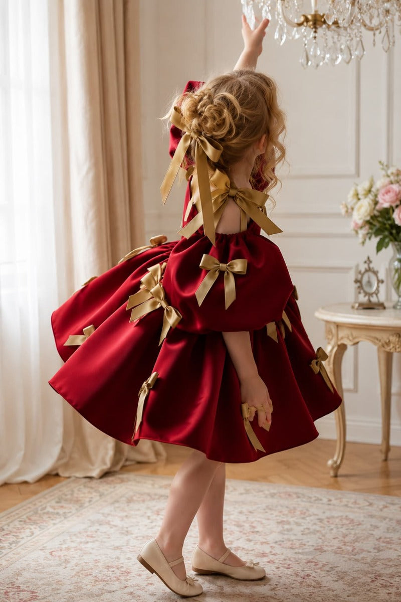 Sweet Satin Cold Shoulder Puff Sleeves Bow Details Flower Girl Dresses 994215152061