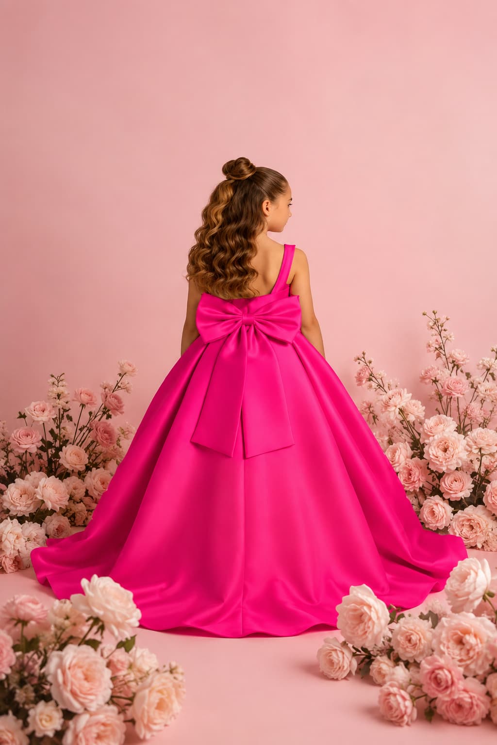 Satin V-Back Large Bow Sweep-Brush Train Wedding Gown Flower Girl Dresses 1057873354822