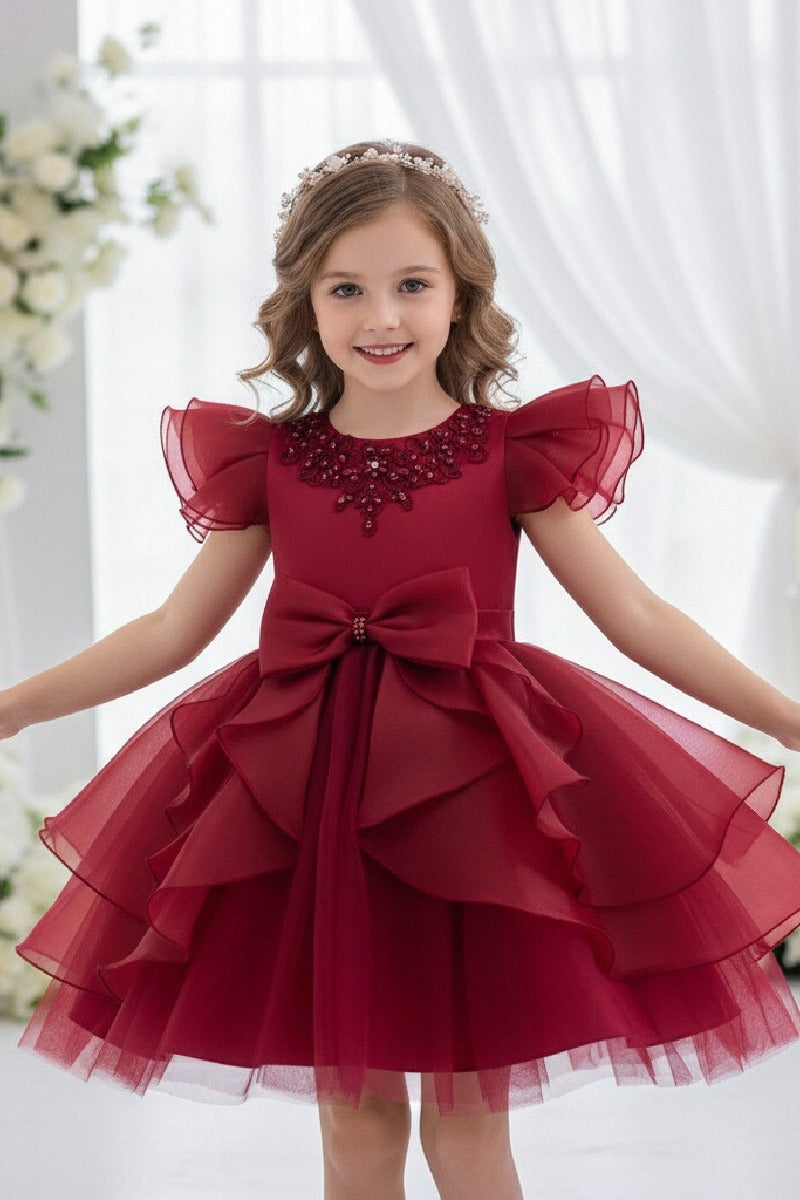 Short Flutter Sleeve Organza Knee Length Flower Girl Dresses 1028919378818