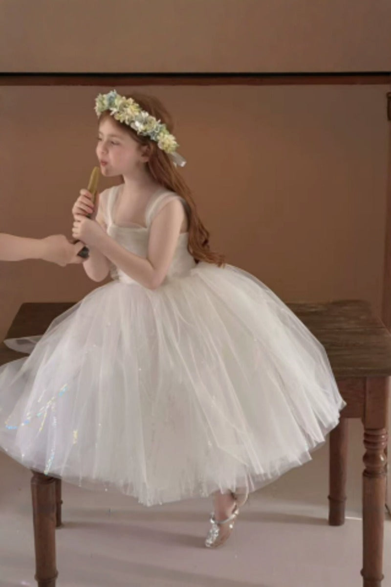 A-Line Glitter Tulle Ruffle Straps Ankle Length Flower Girl Dresses 1038452310663