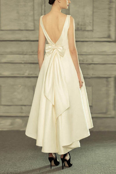 A-Line High-Low Satin Little White Dress 100066 - COCOMELODY