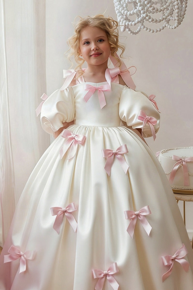 Ivory Satin Cold Shoulder Pink Bows Floor Length Flower Girl Dresses 1035700305747