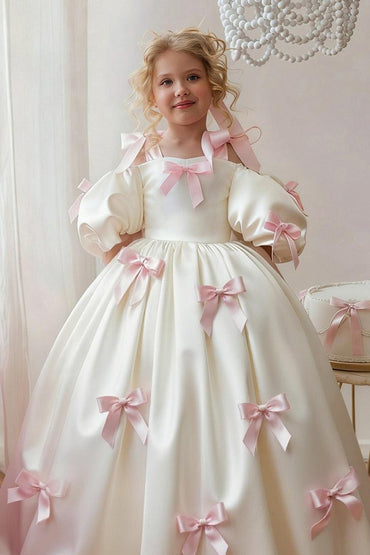 Ivory Satin Cold Shoulder Pink Bows Floor Length Flower Girl Dresses 1035700305747 - 7 Days / As Picture / 100cm - COCOMELODY