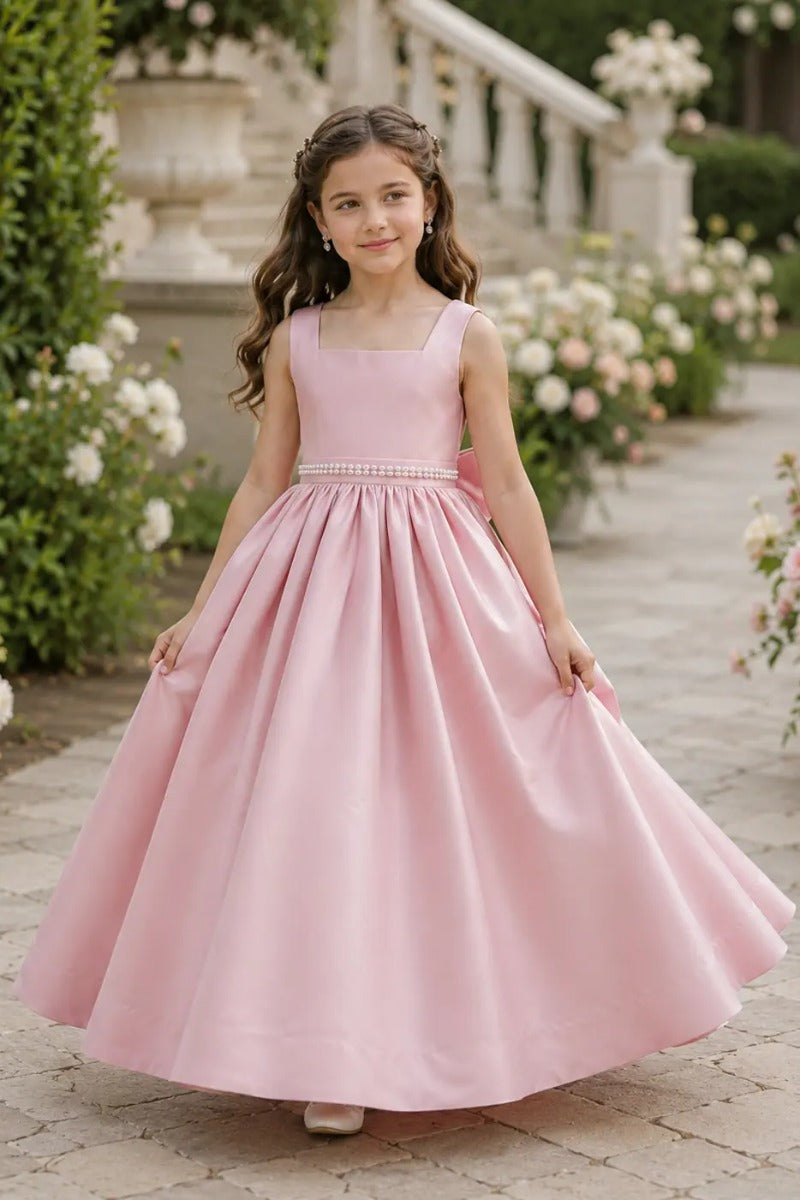 Elegant A-Line Floor Length Satin Square Neck Flower Girl Dresses 1017253005663