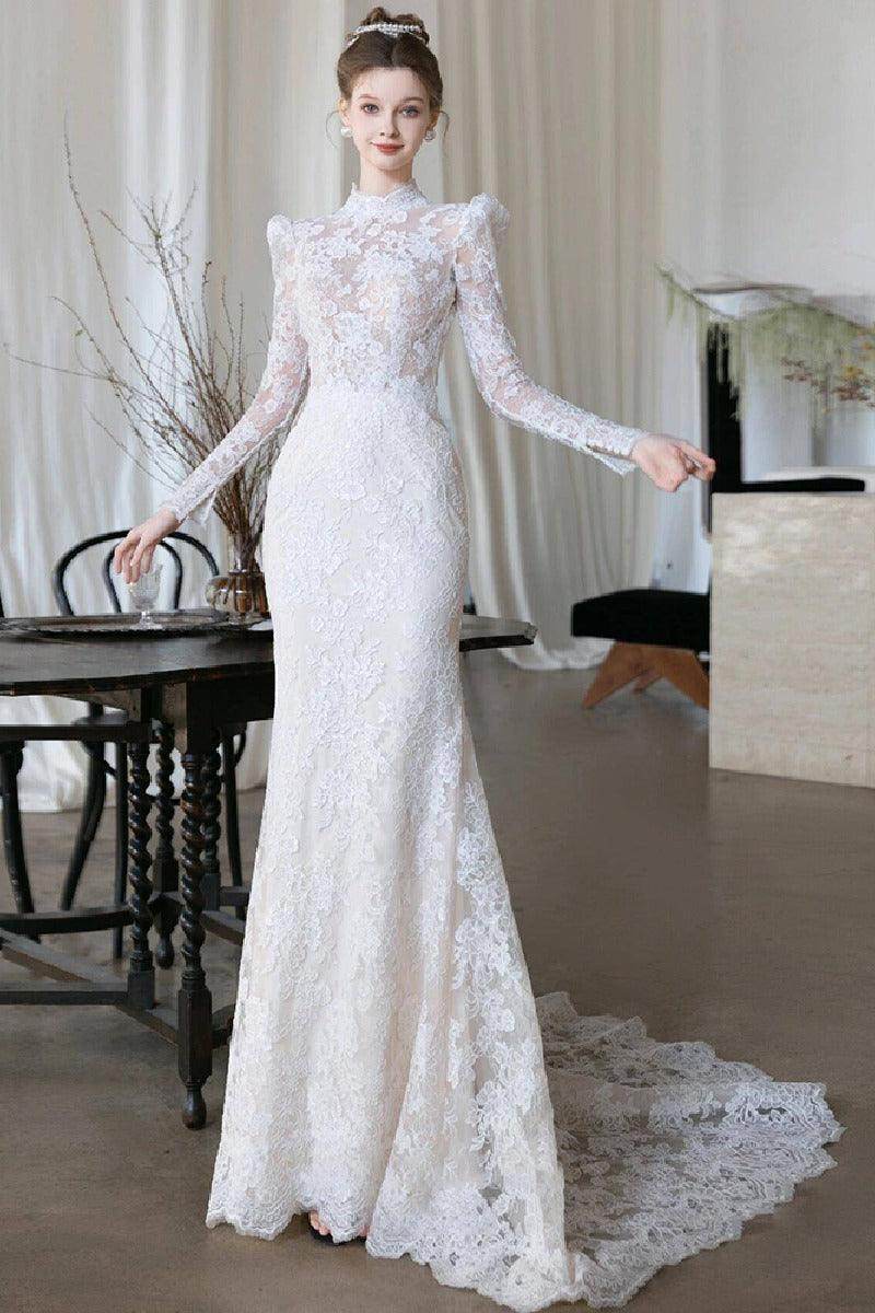 Trumpet-Mermaid Sweep-Brush Train Lace Wedding Dress 818104899723 - COCOMELODY