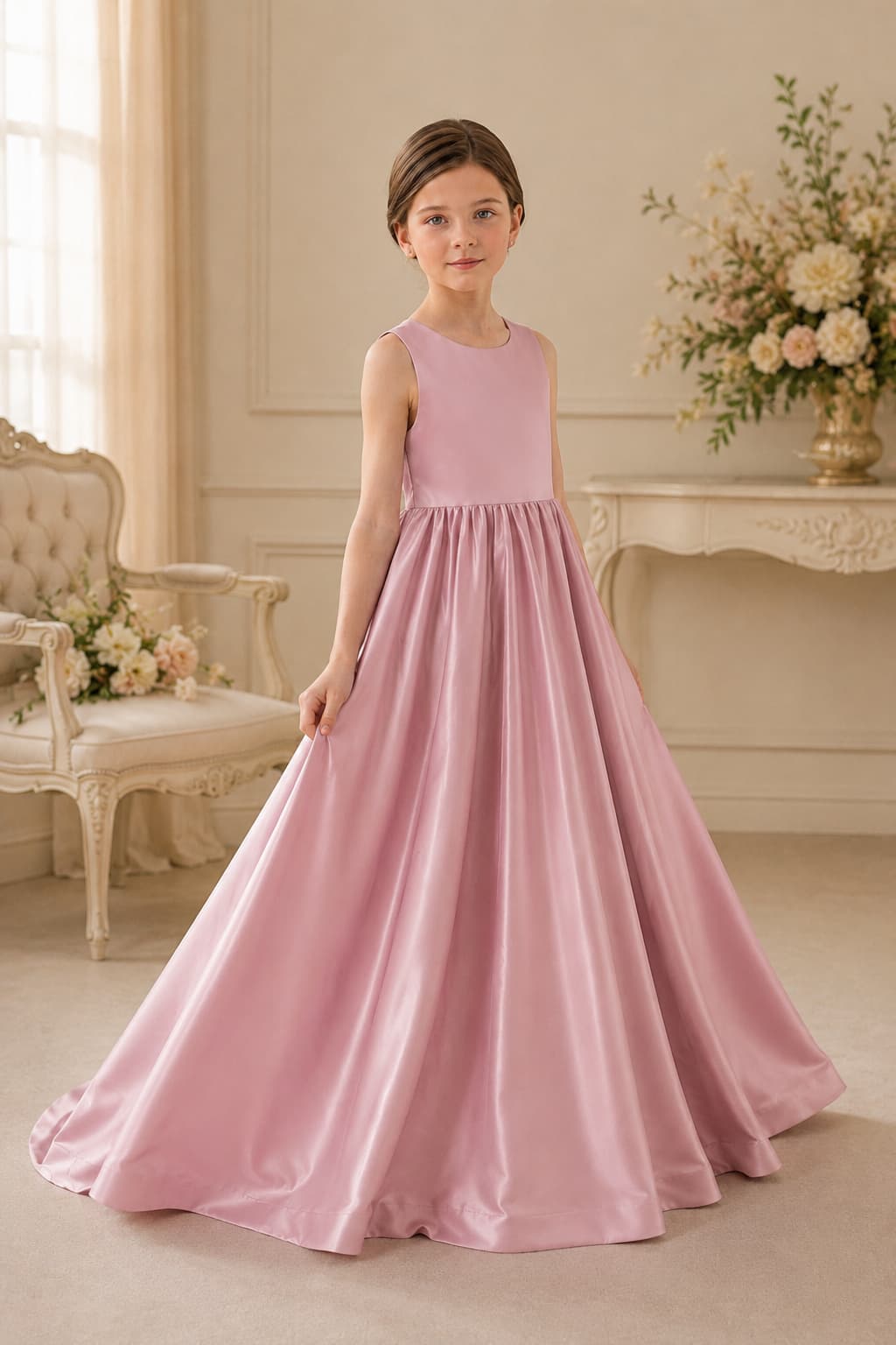 Elegant Satin V-Back Bow Sweep-Brush Train Flower Girl Dresses 985833041393