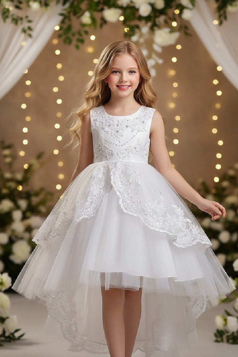 Princess Round Neck Sleeveless Double Layer Lace Overlay Hi-Low Tulle Flower Girl Dresses 1031501196583