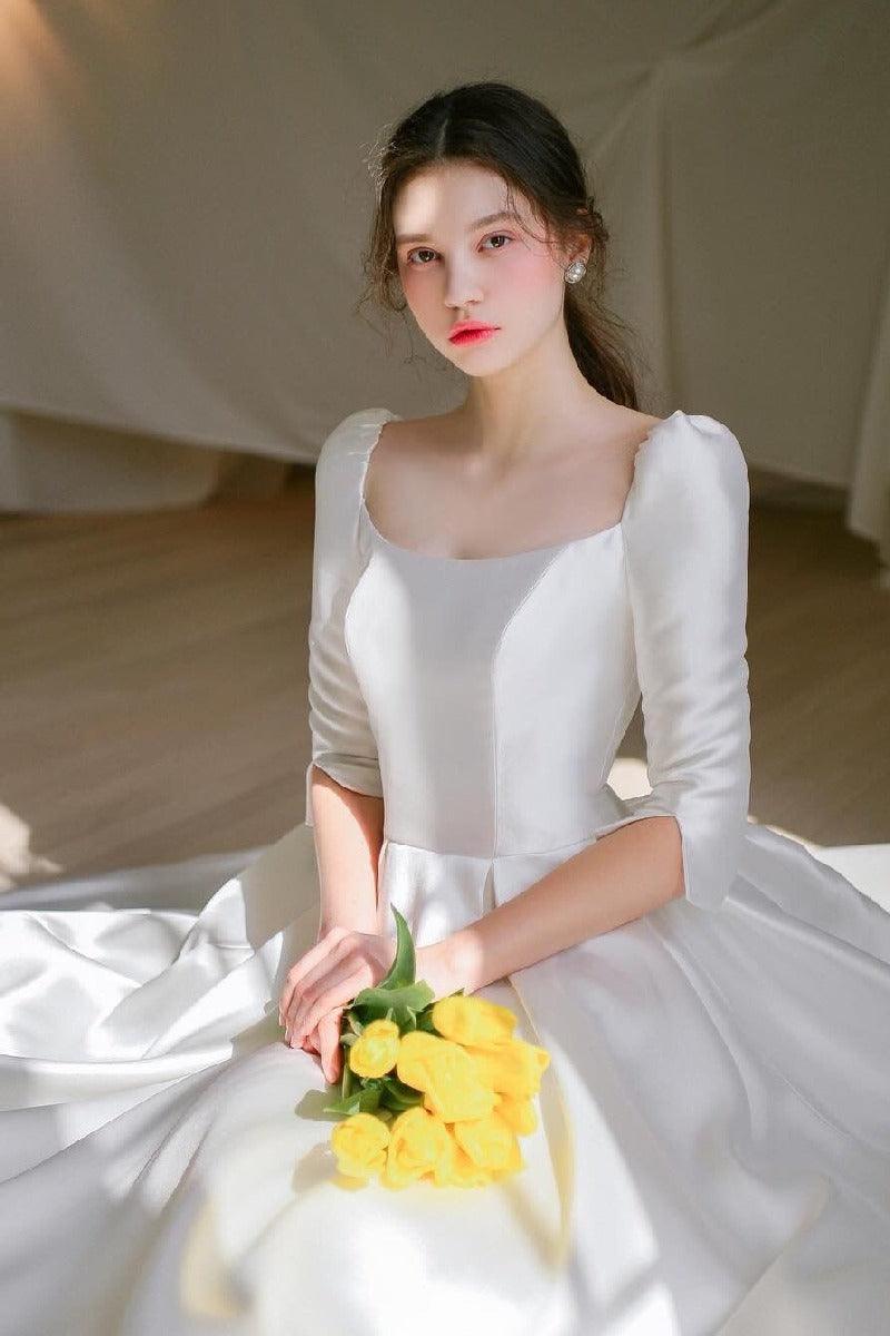 A-Line High-Low Satin Wedding Dress 675834048411 - COCOMELODY