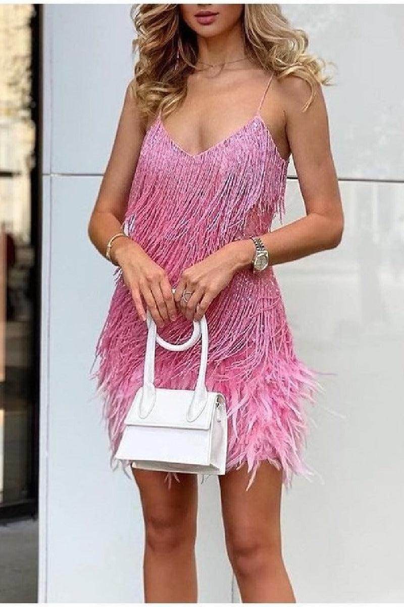 Fringed sequin sexy V-neck cocktail dress 715257715853 - COCOMELODY