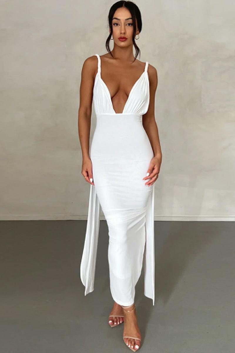 Stylish sexy deep V backless pleated split cocktail dress 712467099025 - COCOMELODY