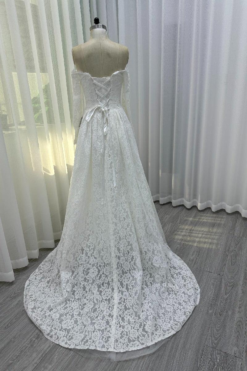 A-Line Sweep-Brush Train Lace Wedding Dress 843985458463 - COCOMELODY