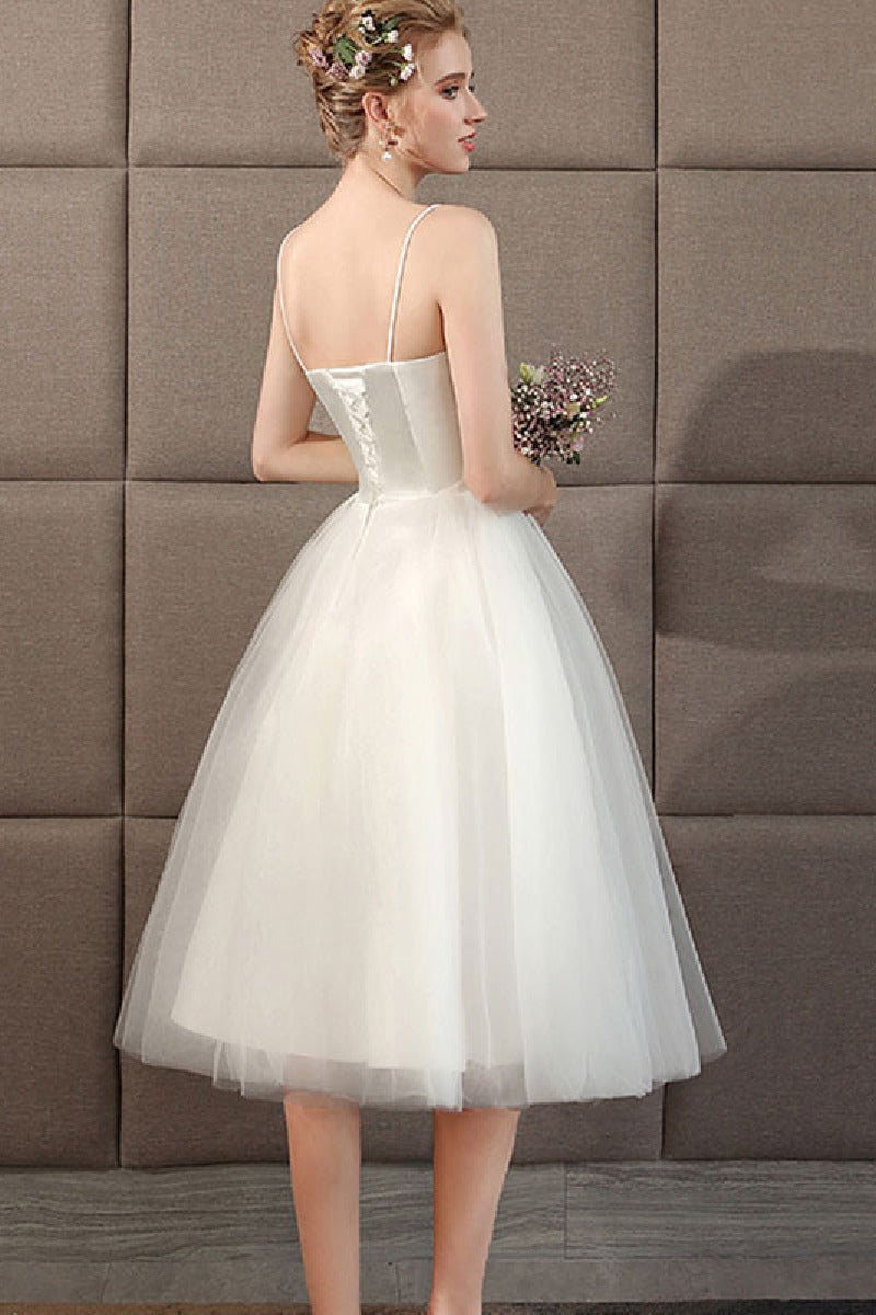 A-Line Tea Length Satin Tulle Wedding Dress 773541090129