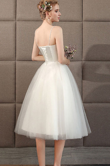 A-Line Tea Length Satin Tulle Wedding Dress 773541090129