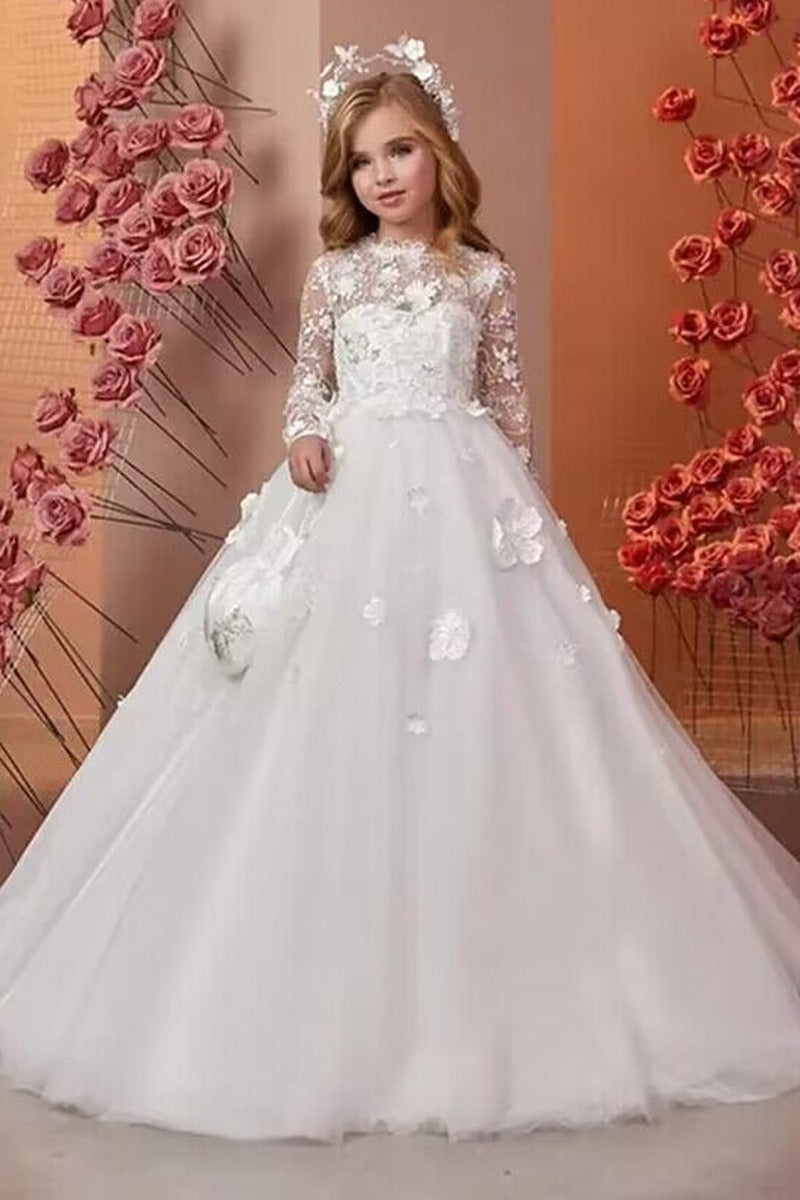 Ball Gown Illusion Round Neck Full Sheer Lace Long Sleeves Tulle Sweep-Brush Train Flower Girl Dresses 771181198778