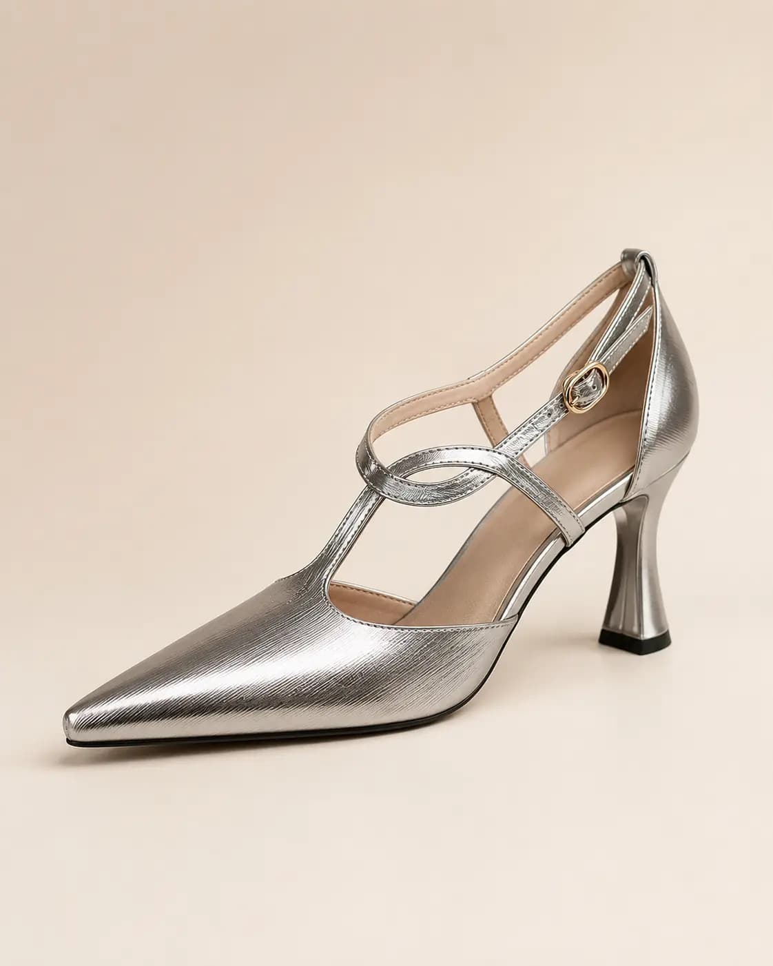 Metallic Pointed Toe Mary Jane Heels T Strap Elegant Design Shoes 915991421507
