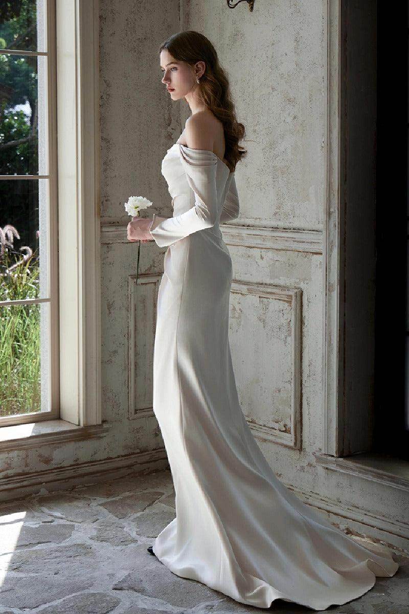 Sheath-Column Sweep-Brush Train Satin Wedding Dress 851237427674 - COCOMELODY