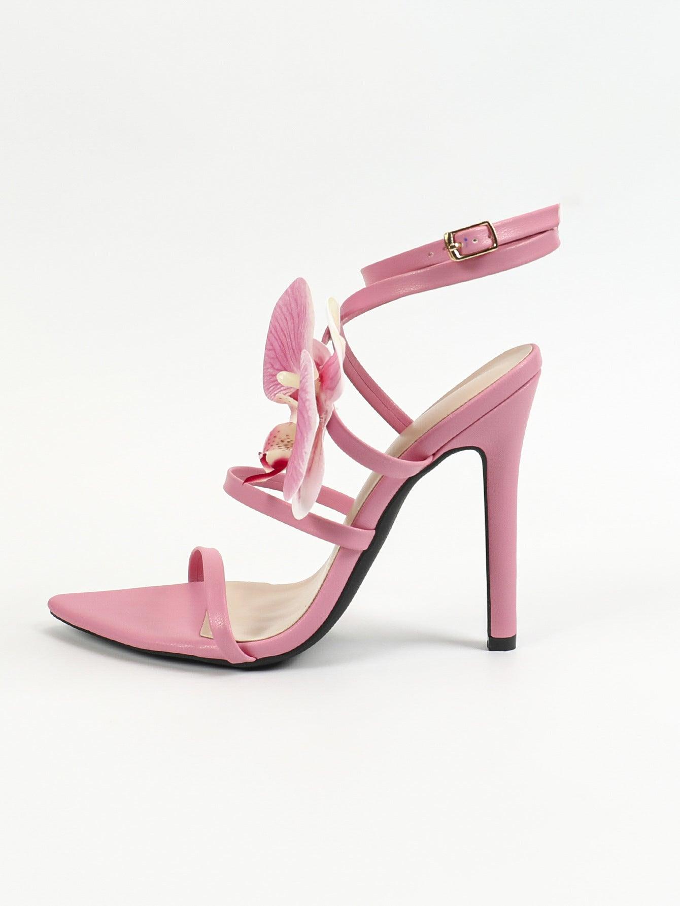 3D Flowers Cross Pointy Stiletto heel Sandals 816638213348 - COCOMELODY