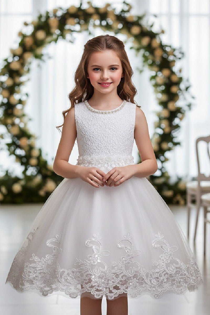 A-Line Round Neck Sleeveless Lace Short Tulle Knee Length Flower Girl Dresses 1029768430343