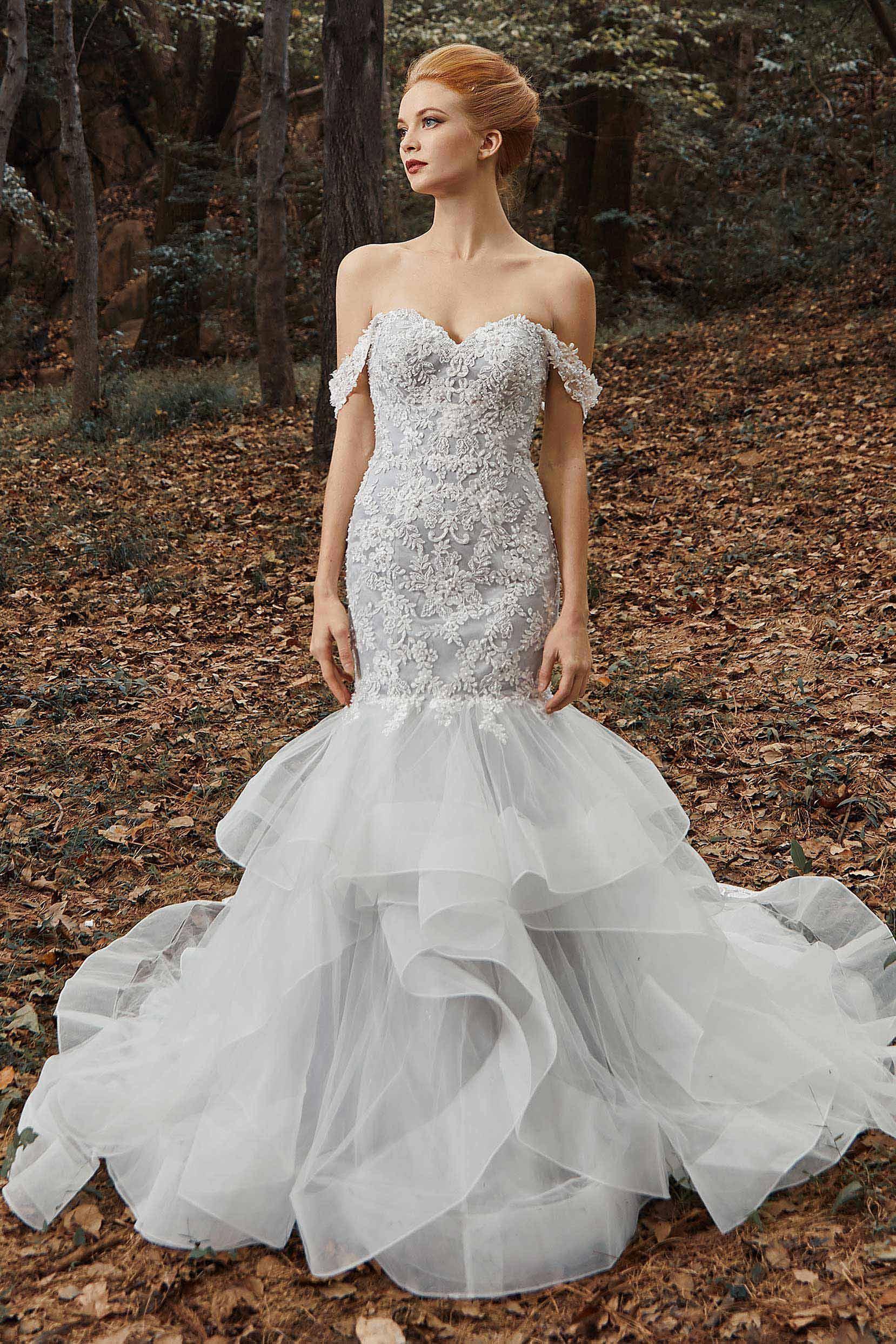 Trumpet Court Train Tulle Elastic Satin Wedding Dress CW2138 - COCOMELODY