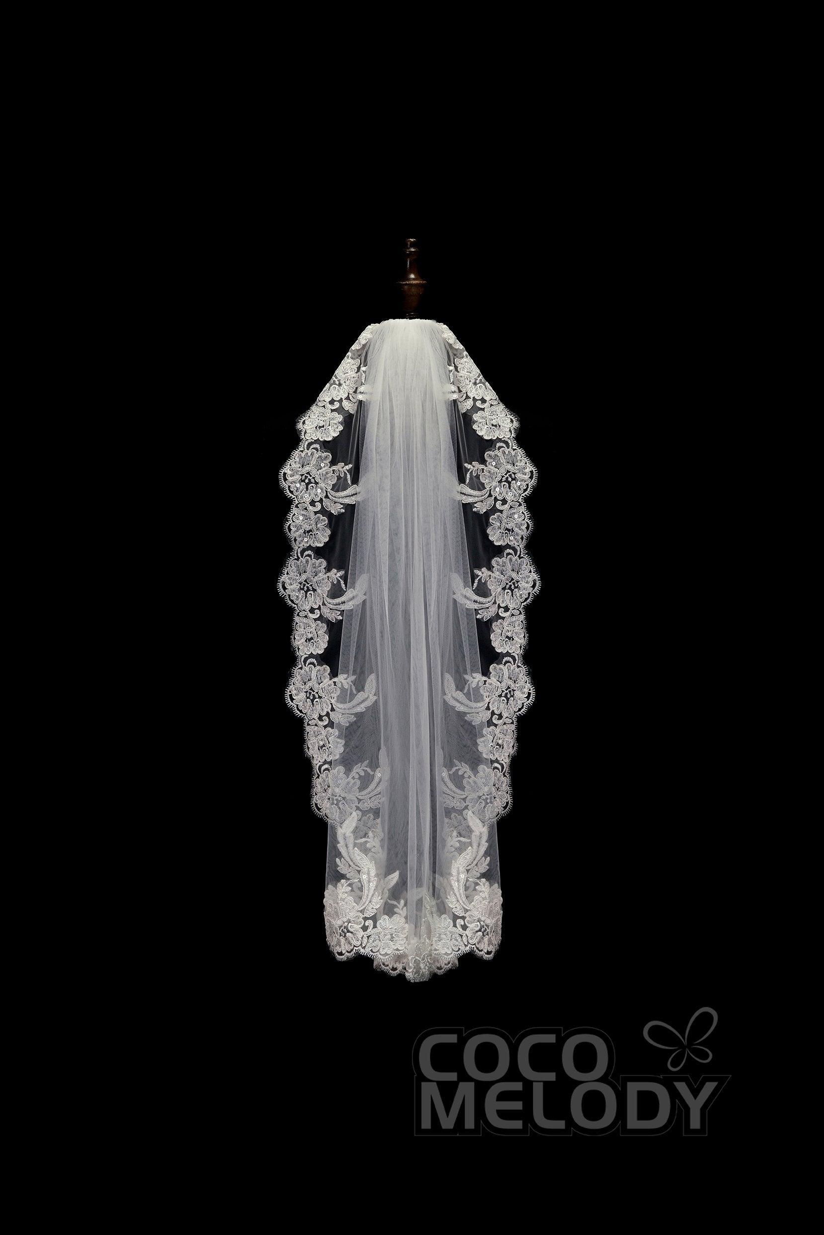 One-tier Lace Edge Tulle Hip Veils with Appliques AV180004 - COCOMELODY