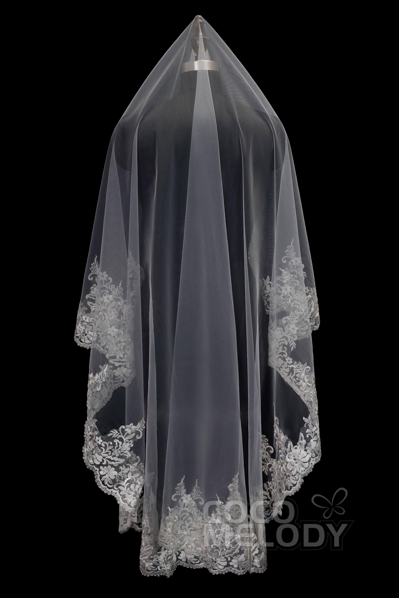 One-tier Lace Edge Tulle Waltz Veils with Appliques AV160026 - COCOMELODY