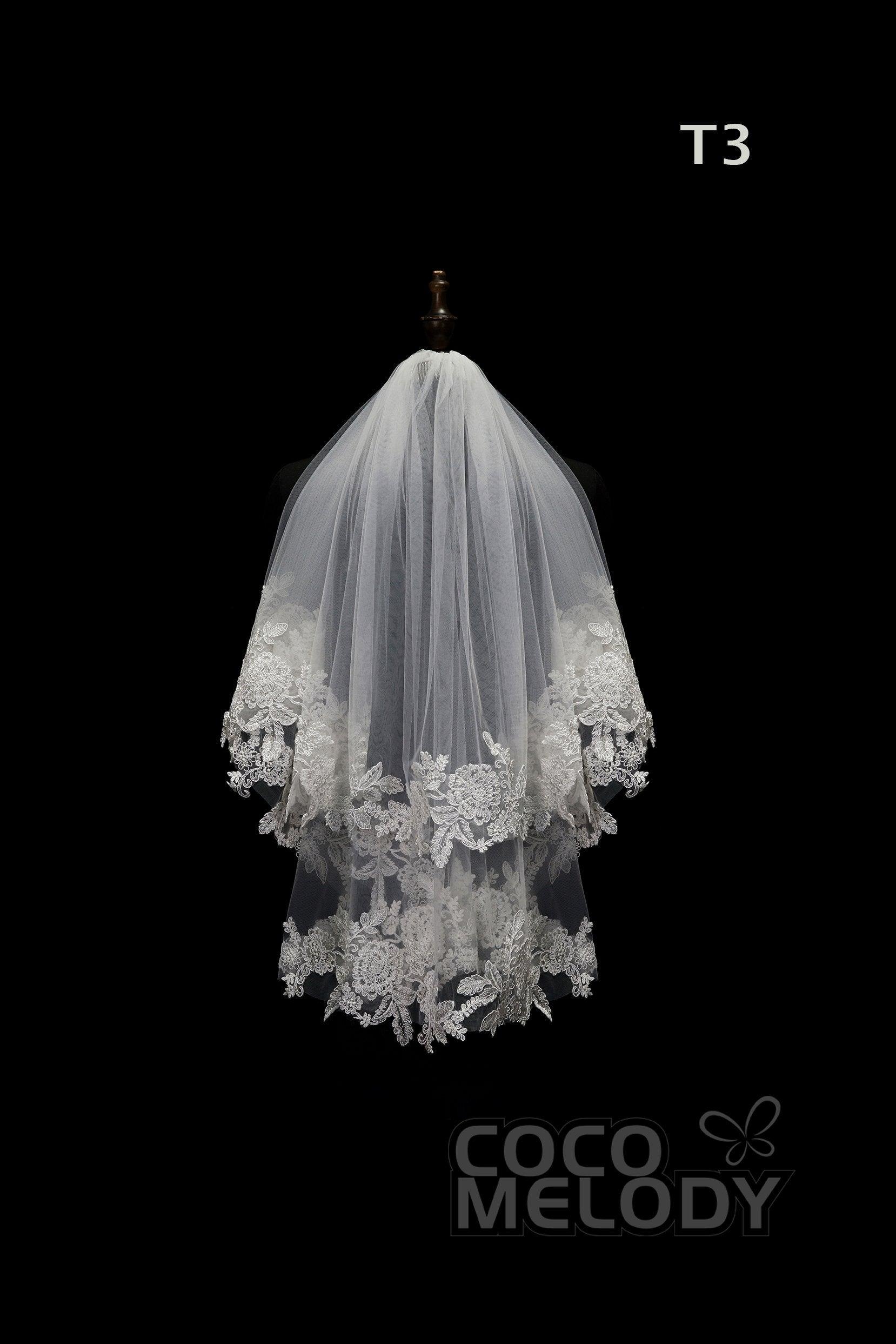 One-tier Lace Edge Tulle Hip Veils with Appliques AV180001 - COCOMELODY