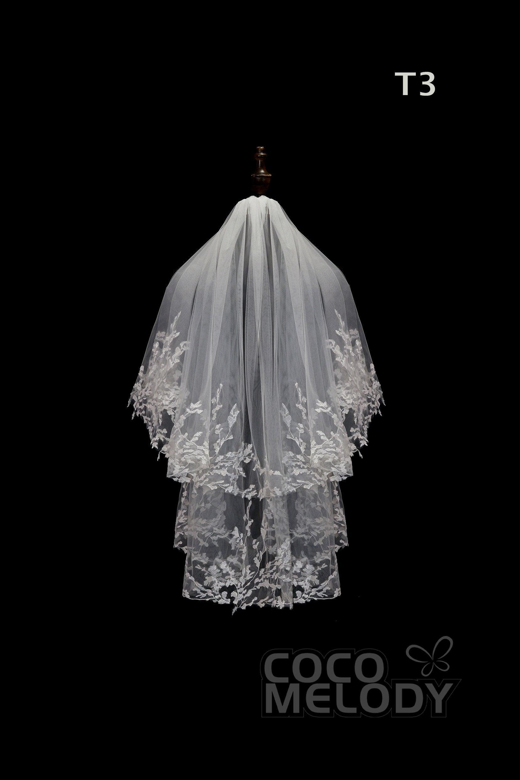 One-tier Lace Edge Tulle Hip Veils with Appliques AV180003 - COCOMELODY