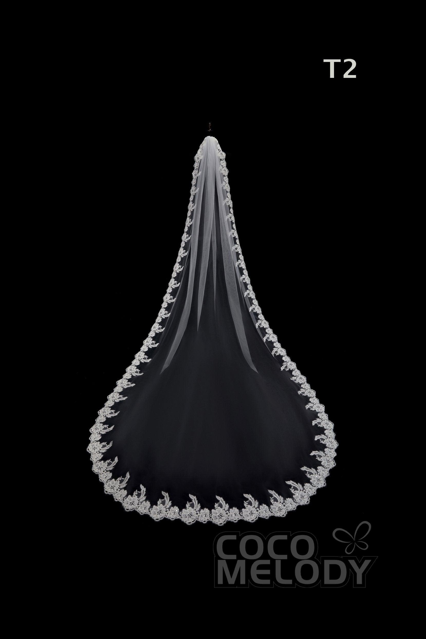 One-tier Lace Edge Tulle Hip Veils with Appliques AV180004 - COCOMELODY