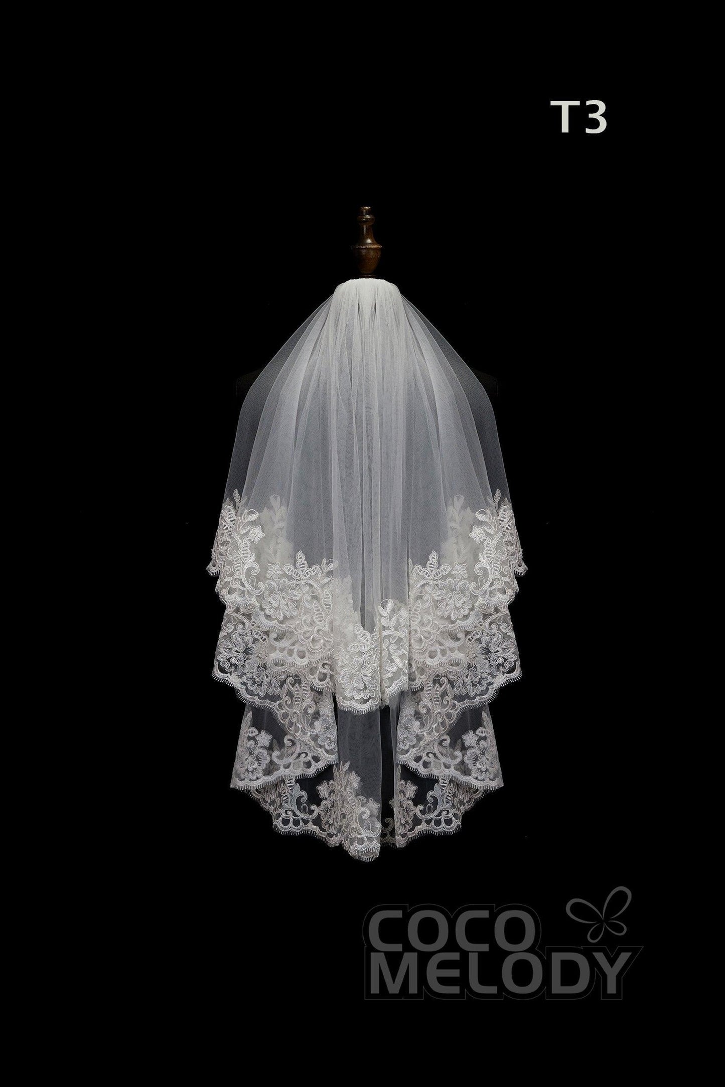 One-tier Lace Edge Tulle Hip Veils with Appliques AV180006