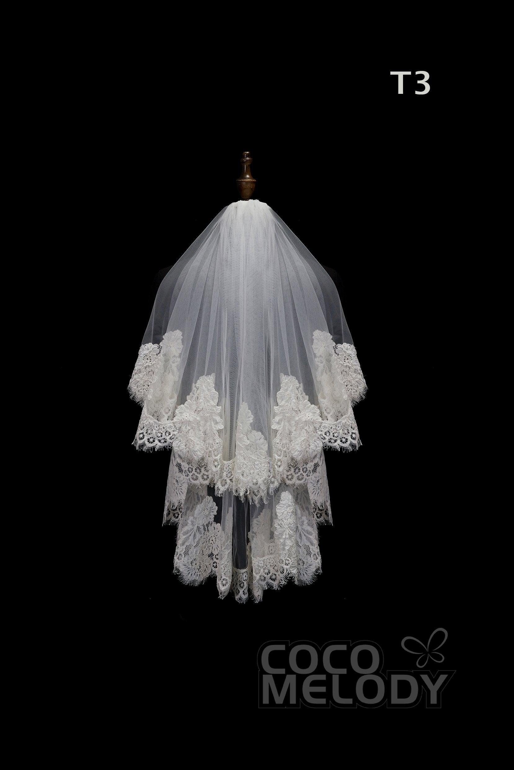 One-tier Lace Edge Tulle Hip Veils with Appliques AV180008 - COCOMELODY