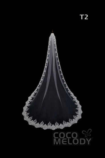 One-tier Lace Edge Tulle Hip Veils with Appliques AV180009