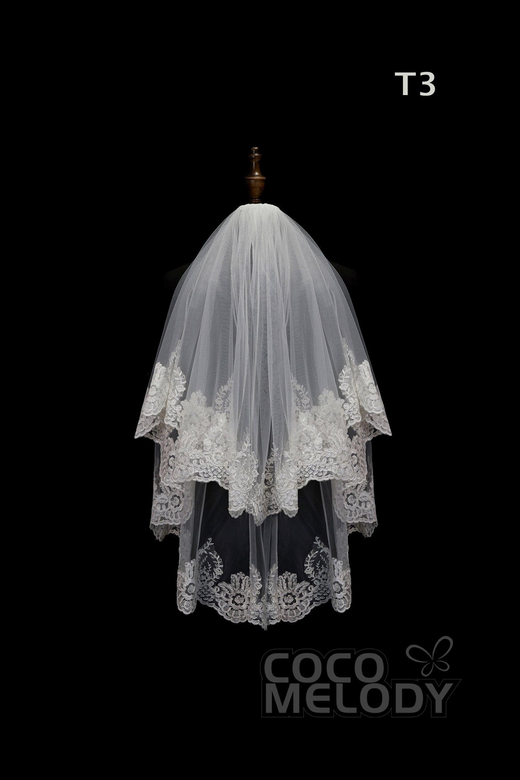 One-tier Lace Edge Tulle Hip Veils with Appliques AV180009 - COCOMELODY